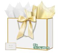 HONTIUS 15.75" Bolsa Regalo Grande, Blanco Bolsas de Regalo Verticales con Papel de Pañuelos de Papel Tarjetas, 40*30*12.5cm Bolsa Regalo XXL Gift Bags Maxi para Cumpleaños Fiestas Celebraciones Boda