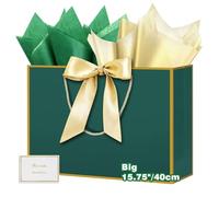 HONTIUS 15.75" Bolsa Regalo Grande, Verde Bolsas de Regalo Verticales con Papel de Pañuelos de Papel y Tarjetas, 40*30*12.5cm Bolsa Regalo XXL Gift Bags Maxi para Cumpleaños Fiestas Celebraciones Boda