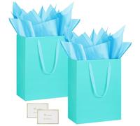 HONTIUS 2 Piezas Bolsa Regalo, 12.59" Bolsa Regalo Grande con Papel Pañuelos de Papel y Tarjetas, 32 * 25 * 13cm Verticales Bolsas de Regalo Gift Bags Mediana para Cumpleaños Fiestas Turquesa