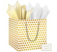 HONTIUS Bolsa de regalo cuadrada, bolsa de regalo extragrande de 11.8 pulgadas con base reforzada, tarjeta de papel de seda, bolsa de regalo de lunares de aluminio para cumpleaños, boda, baby shower