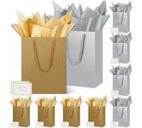 HONTIUS Bolsa Regalo,10 Piezas 12.59" Bolsas de Regalo Verticales con Papel de Pañuelos de Papel y Tarjetas, 32 * 25 * 13cm Bolsa Regalo Grande Gift Bags Mediana para Cumpleaños Fiestas Oro y Gris