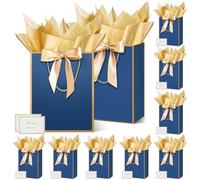 HONTIUS Bolsa Regalo,10 Piezas 12.59" Bolsas de Regalo Verticales con Papel de Pañuelos de Papel y Tarjetas, 32*25*13cm Bolsa Regalo Grande Gift Bags Mediana para Cumpleaños Fiestas Celebraciones Azul