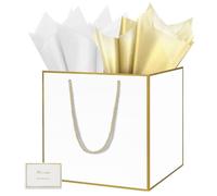HONTIUS Bolsa Regalo, 11.8" Blanco Cuadrado Bolsa Regalo Grande con Papel de Pañuelos de Papel y Tarjetas, 30 * 30 * 30cm Bolsas de Regalo Gift Bags con Sonrisa para Cumpleaños Fiestas 1 Piezas C
