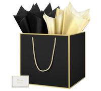 HONTIUS Bolsa Regalo, 11.8" Negro Cuadrado Bolsa Regalo Grande con Papel de Pañuelos de Papel y Tarjetas, 30 * 30 * 30cm Bolsas de Regalo Gift Bags con Sonrisa para Cumpleaños Fiestas 1 Piezas F