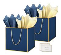 HONTIUS Bolsa Regalo, 11.9" Azul Cuadrado Bolsa Regalo Grande con Papel de Pañuelos de Papel y Tarjetas, 30 * 30 * 30cm Bolsas de Regalo Gift Bags con Sonrisa para Cumpleaños Fiestas 2 Piezas D