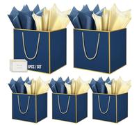 HONTIUS Bolsa Regalo, 11.9" Azul Cuadrado Bolsa Regalo Grande con Papel de Pañuelos de Papel y Tarjetas, 30 * 30 * 30cm Bolsas de Regalo Gift Bags con Sonrisa para Cumpleaños Fiestas 5 Piezas D