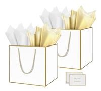 HONTIUS Bolsa Regalo, 11.9" Blanco Cuadrado Bolsa Regalo Grande con Papel de Pañuelos de Papel y Tarjetas, 30 * 30 * 30cm Bolsas de Regalo Gift Bags con Sonrisa para Cumpleaños Fiestas 2 Piezas C