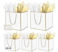 HONTIUS Bolsa Regalo, 11.9" Blanco Cuadrado Bolsa Regalo Grande con Papel de Pañuelos de Papel y Tarjetas, 30 * 30 * 30cm Bolsas de Regalo Gift Bags con Sonrisa para Cumpleaños Fiestas 5 Piezas C