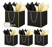 HONTIUS Bolsa Regalo, 11.9" Negro Cuadrado Bolsa Regalo Grande con Papel de Pañuelos de Papel y Tarjetas, 30 * 30 * 30cm Bolsas de Regalo Gift Bags con Sonrisa para Cumpleaños Fiestas 5 Piezas F