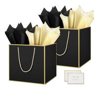 HONTIUS Bolsa Regalo, 11.9" Negro Cuadrado Bolsa Regalo Grande con Papel de Pañuelos de Papel y Tarjetas, 30 * 30 * 30cm Bolsas de Regalo Gift Bags con Sonrisa para Cumpleaños Fiestas 2 Piezas F