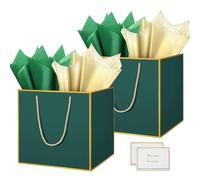 HONTIUS Bolsa Regalo, 11.9" Verde Cuadrado Bolsa Regalo Grande con Papel de Pañuelos de Papel y Tarjetas, 30 * 30 * 30cm Bolsas de Regalo Gift Bags con Sonrisa para Cumpleaños Fiestas 2 Piezas H