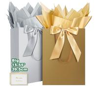 HONTIUS Bolsa Regalo, 15.75" Cuadrado Bolsa Regalo Grande con Papel de Pañuelos de Papel y Tarjetas, 40 * 30 * 12.5cm Bolsas de Regalo Gift Bags con Sonrisa para Cumpleaños Fiestas 2 piezas G