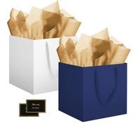 HONTIUS Bolsas de regalo grandes, 30 x 30 x 30 cm, bolsas de regalo cuadradas, XXL con pañuelo y tarjetas, sonrisa, bolsas de papel con asa, 30 x 30 x 30 cm, 2 unidades, color azul y blanco