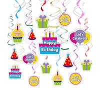HonuGoGo 18 decoraciones colgantes para fiestas de cumpleaños - Coloridas serpentinas de remolino con letreros "Happy Birthday", "Let's Celebrate" y "Make a Wish" | Perfecto para fiestas, cumpleaños y