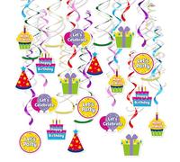HonuGoGo 18 decoraciones colgantes para fiestas de cumpleaños - Coloridas serpentinas de remolino con letreros "Happy Birthday", "Let's Celebrate" y "Make a Wish" | Perfecto para fiestas, cumpleaños y