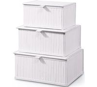 Honygebia Bambú Caja Almacenaje con Tapa - Set de 3 Cestos de Mimbre Decorativas con Forro, Almacenamiento Blanco para el Hogar, Organizadoras de Estantes de Cocina y Baño (Grande/Mediana/Pequeña)
