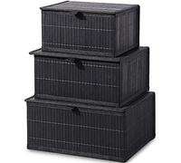 Honygebia Bambú Caja Almacenaje con Tapa - Set de 3 Cestos de Mimbre Decorativas con Forro, Almacenamiento Negro para el Hogar, Organizadoras de Estantes de Cocina y Baño (Grande/Mediana/Pequeña)