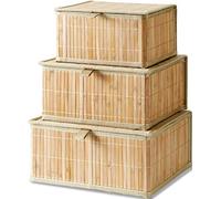 Honygebia Bambú Caja Almacenaje con Tapa - Set de 3 Cestos de Mimbre Decorativas con Forro, Almacenamiento Beige para el Hogar, Organizadoras de Estantes de Cocina y Baño (Grande/Mediana/Pequeña)
