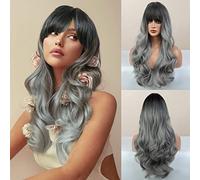 Honygebia Peluca Gris con flequillo - Pelucas Largas Degradadas Gris para Mujer, Cabello Sintético Resistente al Calor de Aspecto Natural - Las Mejores Pelucas para Halloween/Fiesta