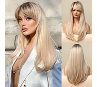 Honygebia Peluca Larga Rubia con Flequillo - Ombre Dark Root Blonde Pelucas para Mujeres, Cabello Sintético Resistente al Calor de Aspecto Natural - Las Mejores Pelucas para Halloween/Fiesta