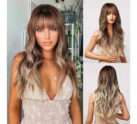 Honygebia Peluca Marrón Degradado con Flequillo - Pelucas Marrones Claras para Mujer, Marrón Ceniza Larga Ondulada, pelo Sintético Natural Realista Resistente al Calor para Carnaval/Cosplay/Fiesta