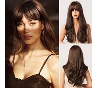 Honygebia Peluca Marrón Oscuro con Flequillo - Pelucas Largas Onduladas Castañas para Mujeres, Cabello Sintético Resistente al Calor de Aspecto Natural - Las Mejores Pelucas para Halloween/Fiesta