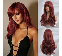 Honygebia Peluca Rojo Oscuro con Flequillo - Pelucas Burdeos para Mujeres, Cabello Largo y Recto en Capas de Color Rojo Vino, Realista y Sintético, Resistente al Calor, Ideal para Halloween/Fiesta