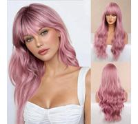 Honygebia Peluca rosa claro, flequillo, pelucas rosa bebé para mujer, largo ondulado, rosa coral, resistente al calor, pelo de aspecto natural, sintético brillante, las mejores pelucas para