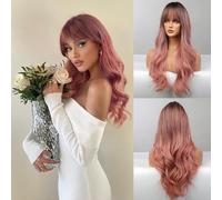 Honygebia Peluca rosa con flequillo - pelucas de color rosa degradado para mujer, pelo largo y ondulado, pelo sintético natural realista, resistente al calor, para carnaval, disfraces, fiestas