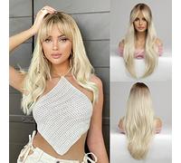 Honygebia Peluca Rubia Clara con Flequillo - Pelucas Rubias Platino Degradado para Mujeres Blancas, Cabello Sintético Largo y Liso resistente al Calor, Pelucas Naturales para Halloween/Navidad/Fiesta