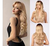 Honygebia Peluca Rubia con Flequillo Cortina - Peluca Larga Ondulada para Mujeres, Cabello Sintético Resistente al Calor con Raíces Oscuras, Pelucas Naturales Encantadoras para Halloween/Navidad