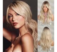 Honygebia Peluca Rubia Rizada con Flequillo - Pelucas Largas Onduladas Rubias Degradadas para Mujer, Cabello Sintético Natural Realista Resistente al Calor para Halloween/Carnaval/Disfraces/Fiesta