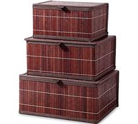 Honygebia Vintage Cesta de almacenamiento con tapa - Cajas de almacenamiento de bambú marrón, juego de 3 cestas de ratán con tapa y forro tejido para baño, cocina, estante, organización (grande/media