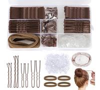 HONZUEN 385 Piezas Horquillas Pelo Mujer Kit, 150 Horquillas Moño U, 125 Pasadores de Pelo, 100 Mini Gomas para Cabello, 6 Redes Moño, 4 Scrunchies, Accesorios Juego de Pinzas Mujer con Caja, Marrón