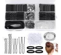 HONZUEN 385 Piezas Horquillas Pelo Mujer Kit, 150 Horquillas Moño U, 125 Pasadores de Pelo, 100 Mini Gomas para Cabello, 6 Redes Moño, 4 Scrunchies, Accesorios Juego de Pinzas Mujer con Caja, Negro