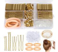 HONZUEN 385 Piezas Horquillas Pelo Mujer Kit, 150 Horquillas Moño U, 125 Pasadores de Pelo, 100 Mini Gomas para Cabello, 6 Redes Moño, 4 Scrunchies, Accesorios Juego de Pinzas Mujer con Caja, Dorado