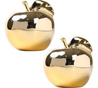 Hoobar Estatuas de cerámica con forma de fruta, escultura de pera de manzana chapada a mano para boda, porche, escritorio y decoración del hogar, paquete de 2 (manzana dorada 2)