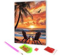 Hoobee Árbol De Coco Diamond Painting, Diamond Painting Adultos Playa, Punto De Cruz Pintura De,Diamante Completo Bordado Taladro Completo Cristal Diamante Decoración De La Pared Del Hogar 30x40cm