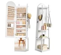 HOOBRO Armario para Joyas, Espejo Joyero de Pie, Base Giratoria y Cerradura, con Luz LED y Zona Abierta, con Ganchos para Ropa y Sombreros, Pendientes, Anillos, Collares y Cosméticos, Blanco EWT09JC04
