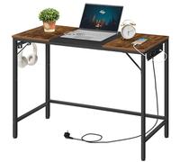 HOOBRO Escritorio, Mesa de Estudio con Regleta, Escritorio de Estilo Industrial con 3 Ganchos, Marco de Metal, para Oficina en Casa, Teletrabajo, Salón, Marrón Rústico y Negro EBF41CDN01