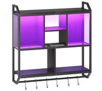 HOOBRO Estante Flotante Gaming, Estantería Vertical de 4 Niveles Montado en la Pared, con Tira de Luz LED, 6 Ganchos, para Sala de Juegos, Cocina, Cafetería, Bar, Negro EBB70DBJ01