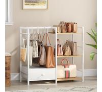 HOOBRO Estantería de Almacenamiento de 3 Niveles con Cajones y Asa, Organizador de Bolsos con 6 Ganchos, Almacenaje de Carteras, para Vestidor, Recibidor o Dormitorio, Blanco y Natural EWN28CJ01