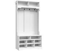 HOOBRO HOOBROPerchero Rústico para Entrada, Banco Zapatero, Incluye Perchero con 6 Ganchos, Banco, 8 Compartimentos para Zapatos y 3 Estantes Ajustables, para Recibidor y Pasillo, Blanco EWT35MT01