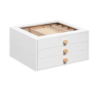 HOOBRO Joyero Moderno con 3 Cajones, Ventanilla Transparente y Forro de Terciopelo, Organizador de Joyas, 23 x 20 x 12 cm, para Anillos, Pendientes, Collares y Relojes, Blanco EWT24JB04