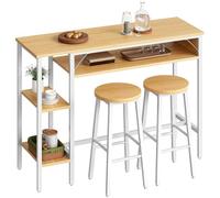 HOOBRO Juego de Mesa y Taburetes de Bar, Mesa Alta para Bar con Estantería de 3 Niveles y 2 Taburetes Redondos, para Cocina, Sala de Estar, Comedor, Blanco y Natural EWN07BT01