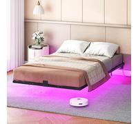 HOOBRO Marco de Cama Colgante 140 x 200 cm, Plataforma Metálica con Luz LED y Estación de Carga, 2 Enchufes y 2 Puertos USB, No Necesita Cojín de Muelle Sin Ruido, Negro EBK022CDBF01