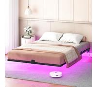 HOOBRO Marco de Cama Colgante 160 x 200 cm, Plataforma Metálica con Luz LED y Estación de Carga, 2 Enchufes y 2 Puertos USB, No Necesita Cojín de Muelle Sin Ruido, Negro EBK023CDBF01