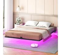 HOOBRO Marco de Cama Colgante 180 x 200 cm, Plataforma Metálica con Luz LED y Estación de Carga, 2 Enchufes y 2 Puertos USB, No Necesita Cojín de Muelle Sin Ruido, Negro EBK024CDBF01