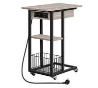 HOOBRO Mesa Auxiliar con Estación de Carga, Mesa de Centro Abatible en Forma de C con Ruedas y Estante de Almacenamiento, Puertos USB Tomas Corriente, para Salón Dormitorio, Greige y Negro EBG022SF01