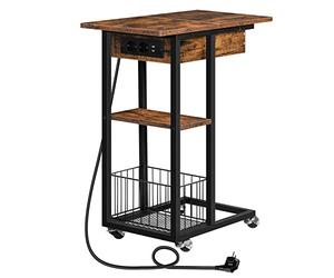 HOOBRO Mesa Auxiliar con Estación de Carga, Mesa de Centro Abatible en Forma de C con Ruedas y Estante de Almacenamiento, Puertos USB Tomas Corriente, para Salón, Marrón Rústico EBF022SF01G1